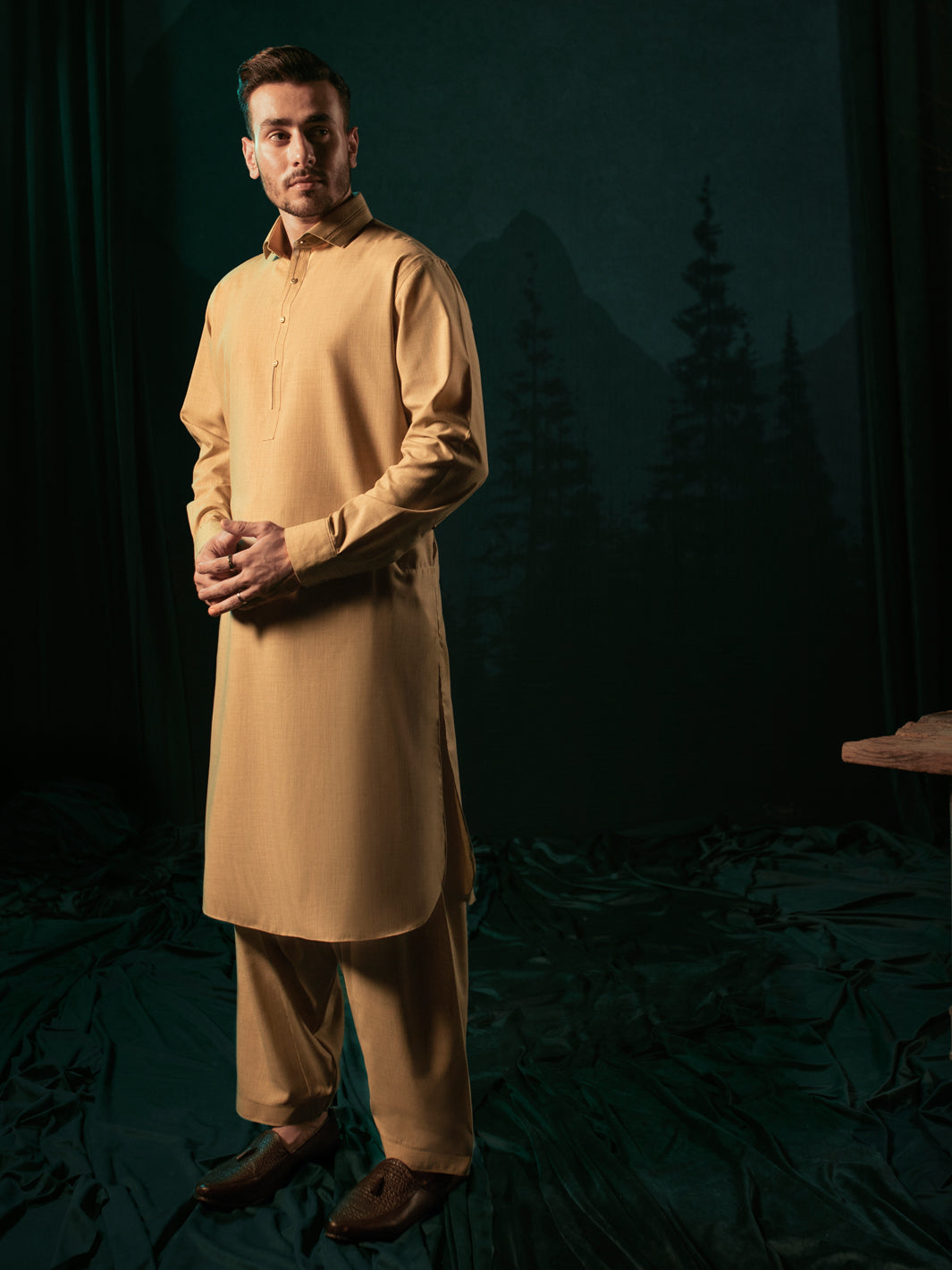 Polyester Beige Kameez Shalwar - Wasim Akram by Almirah