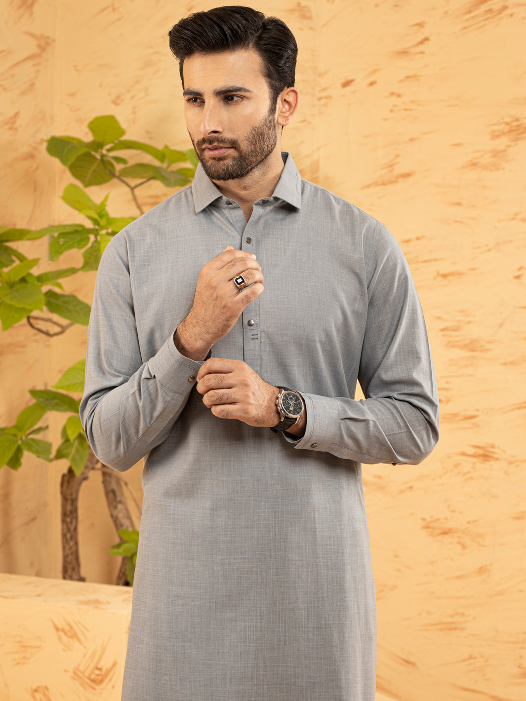 Polyester Grey Kameez Shalwar - Waseem Akram by Almirah