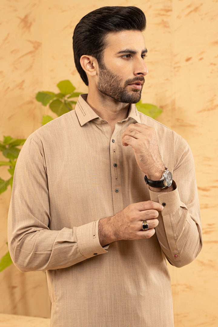 Polyester Beige Kameez Shalwar - Waseem Akram by Almirah