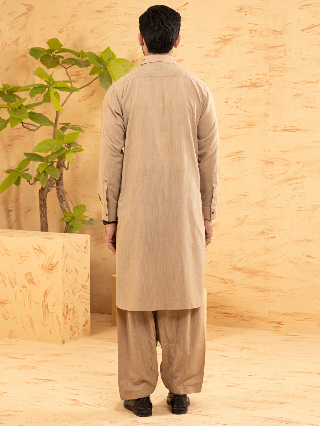 Polyester Beige Kameez Shalwar - Waseem Akram by Almirah