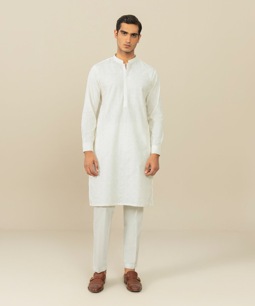 Embroidered Cotton Schiffli  White Shalwar Kameez - Sapphire