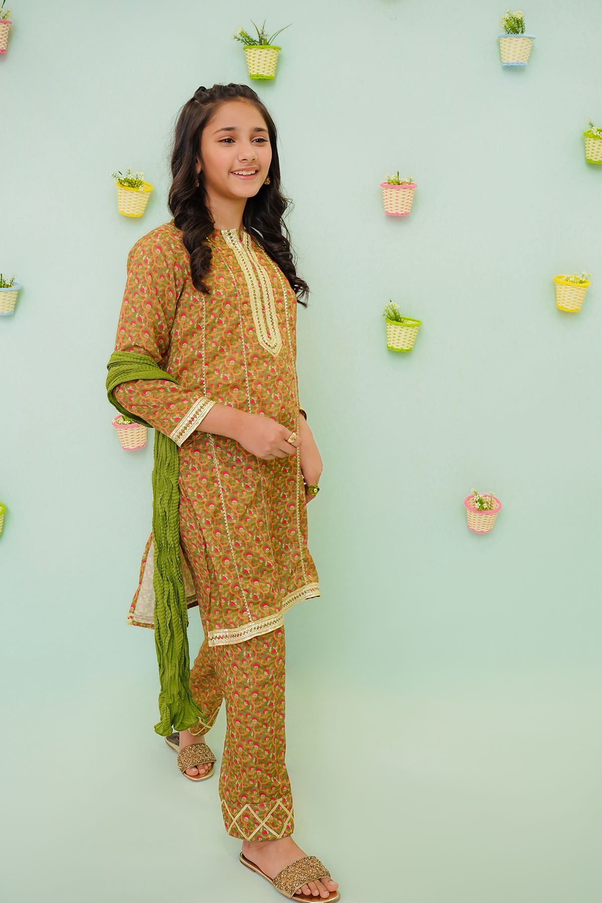 Cotton Mehndi 3 Piece Suit - Ochre