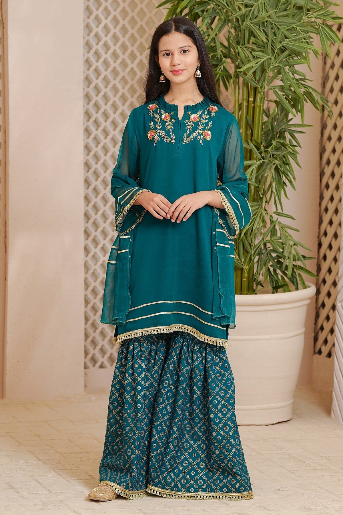 OFW-AC-16 Chiffon Bottle Green 3 Piece Suit - Ochre