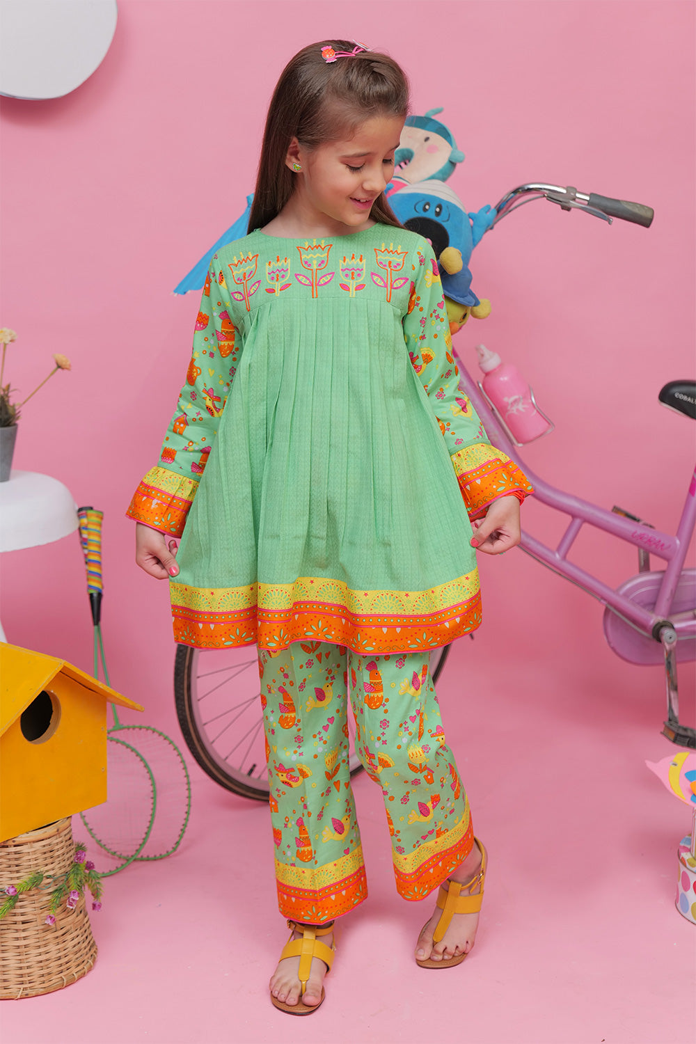 Parrot Green & Multicolour Casual 2 Piece Suit - Senorita Kids