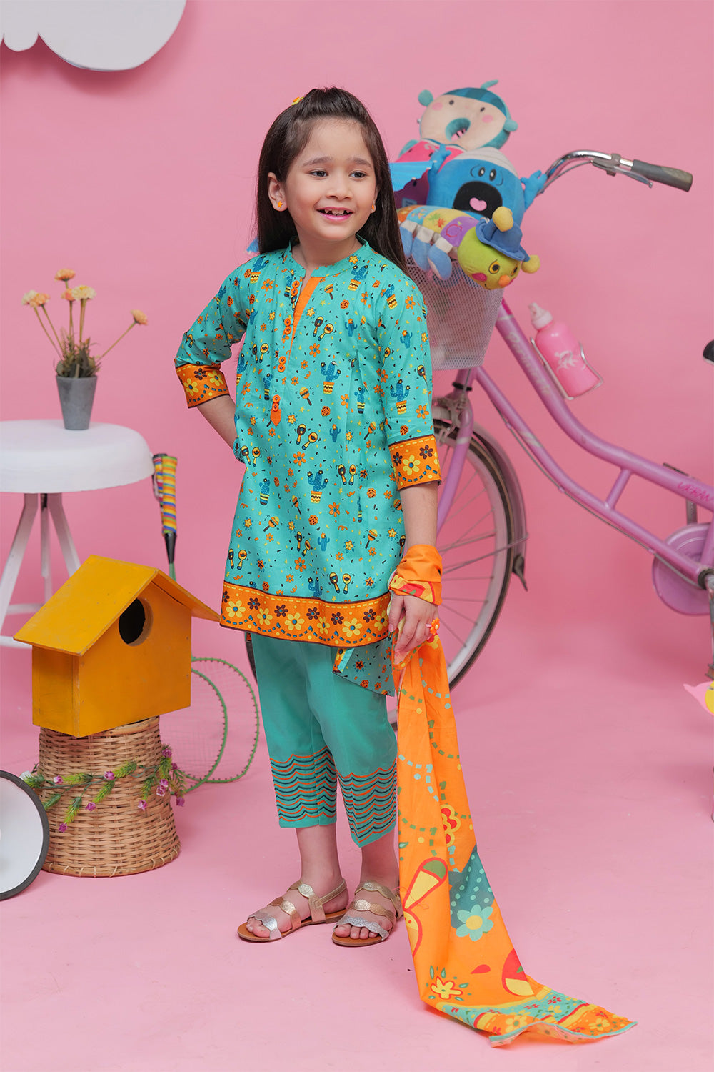 Sea Green & Multicolour Casual 3 Piece Suit - Senorita Kids