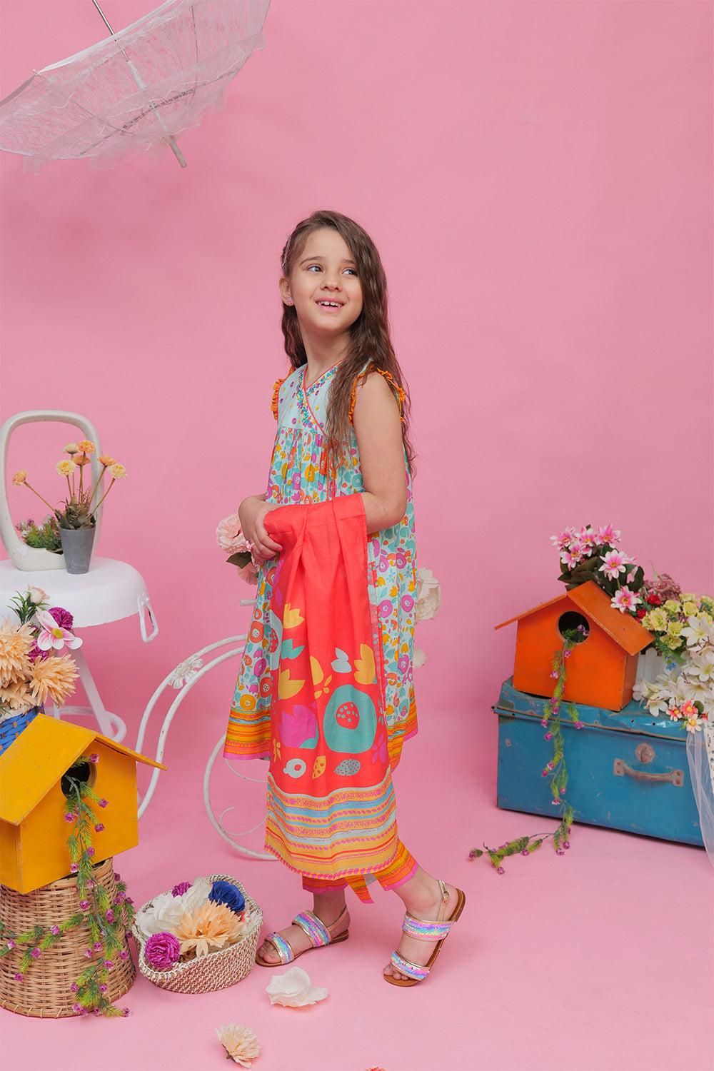 Sea Green & Multicolour Casual 3 Piece Suit - Senorita Kids