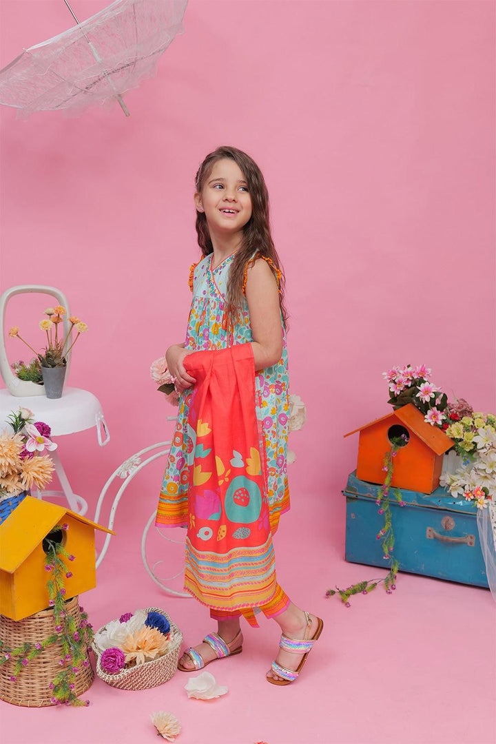 Sea Green & Multicolour Casual 3 Piece Suit - Senorita Kids