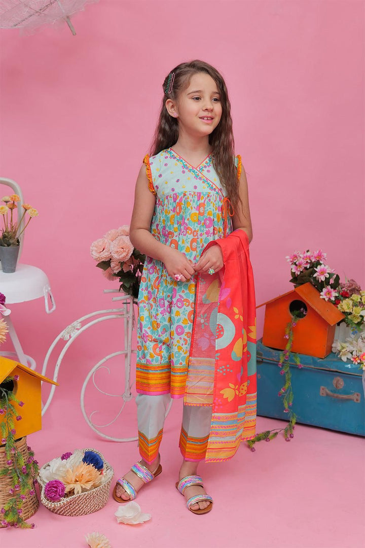 Sea Green & Multicolour Casual 3 Piece Suit - Senorita Kids