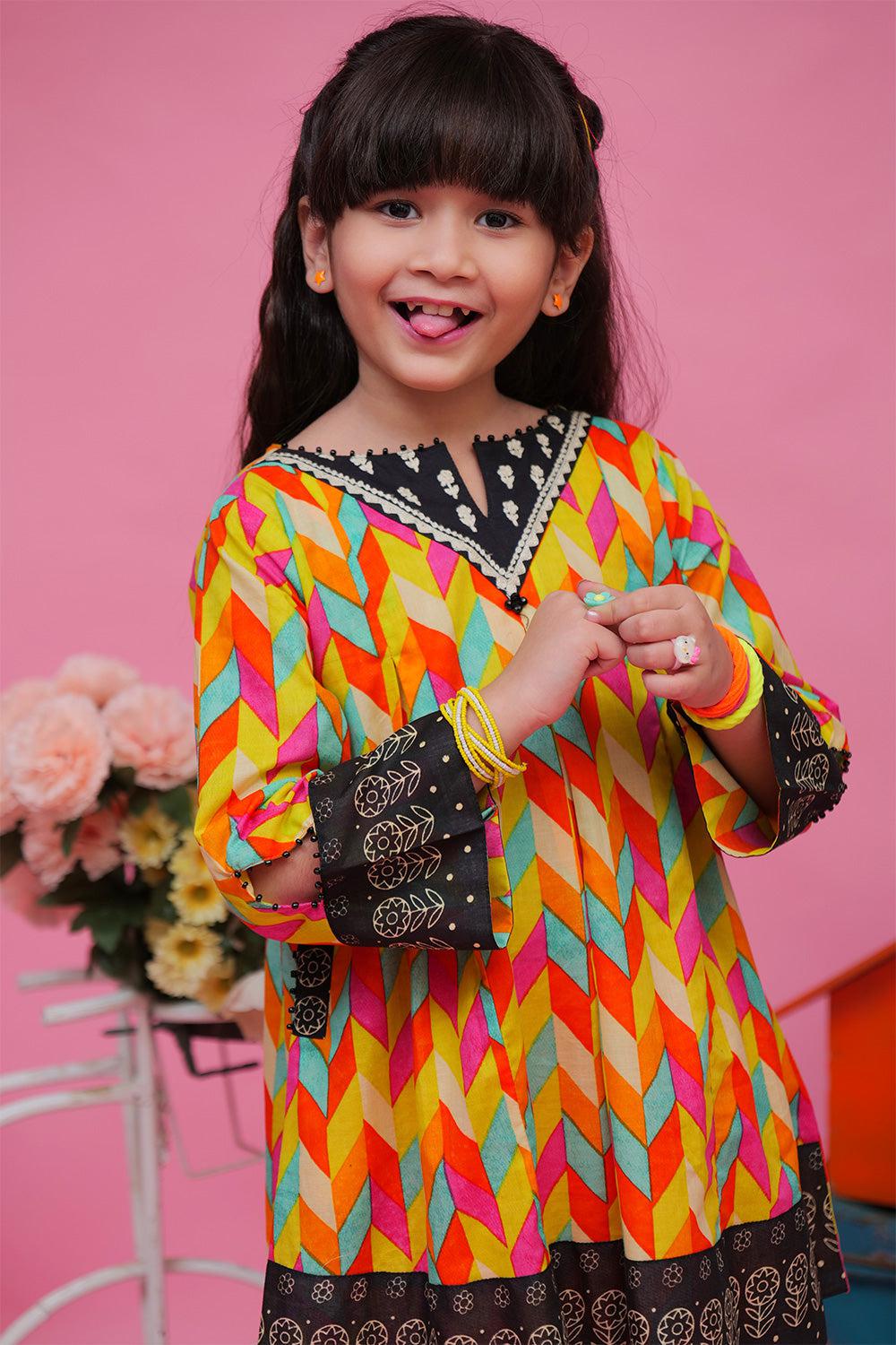 Orange & Multicolour Casual 3 Piece Suit - Senorita Kids