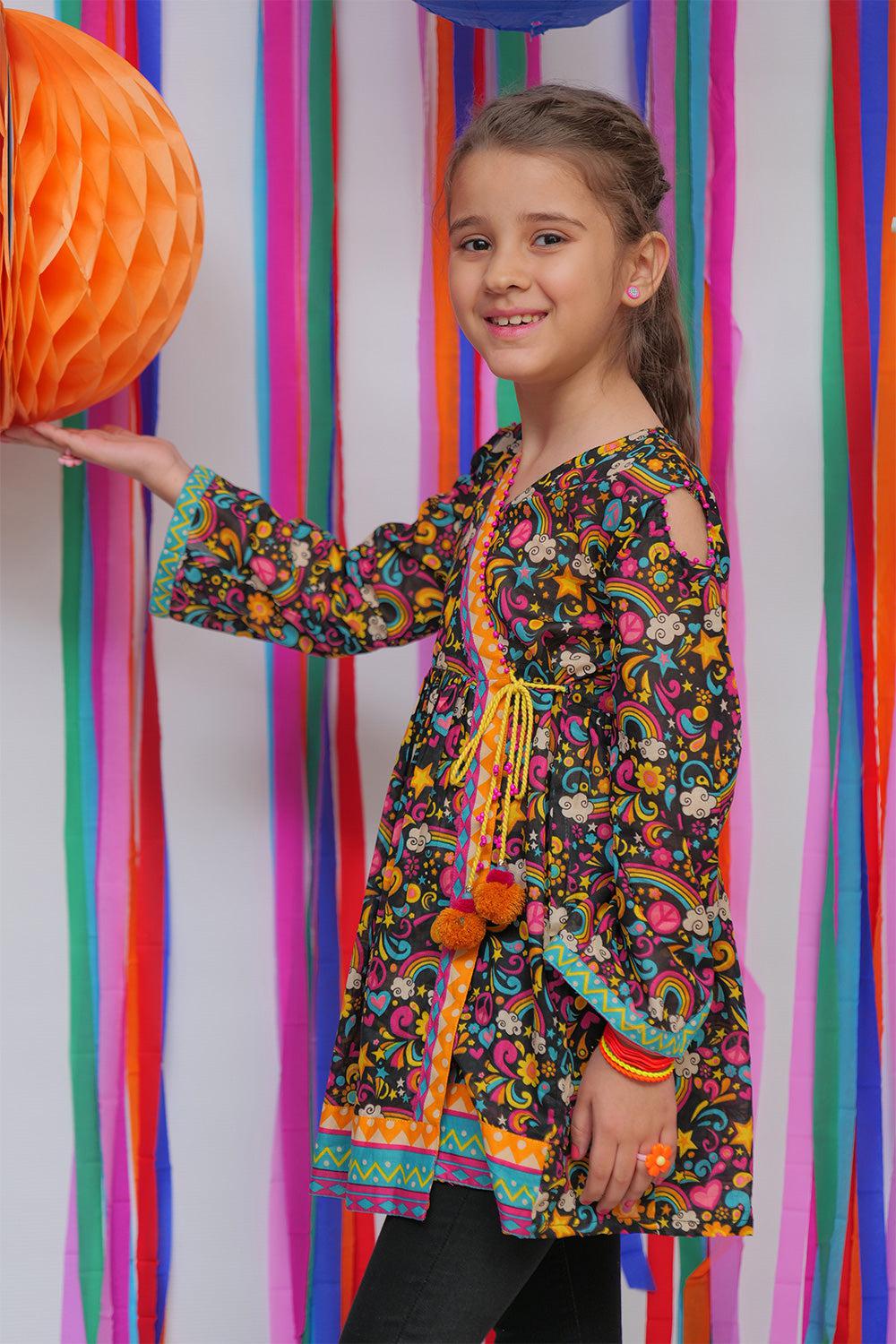 Black & Multicolour Casual Kurta - Senorita Kids