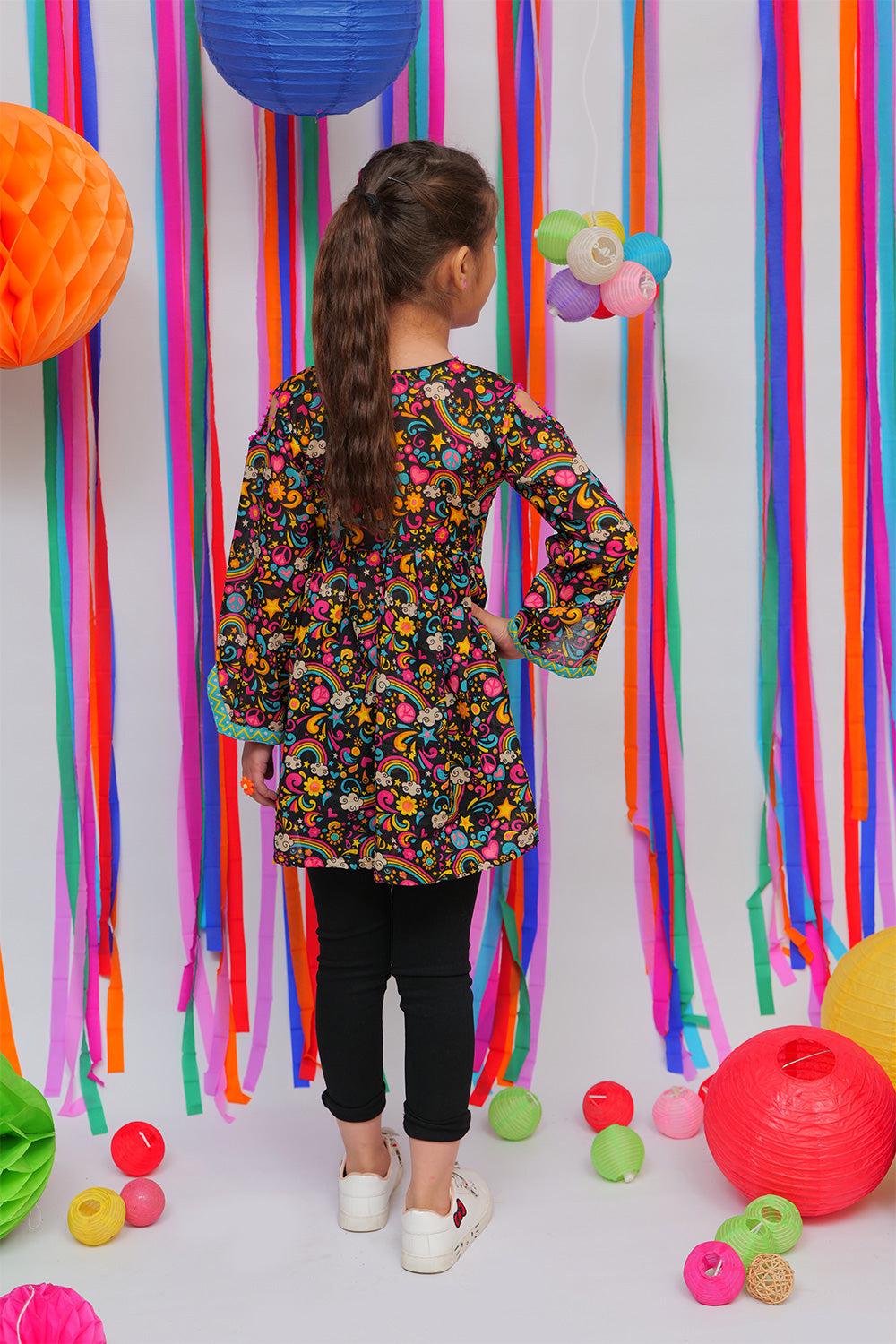 Black & Multicolour Casual Kurta - Senorita Kids