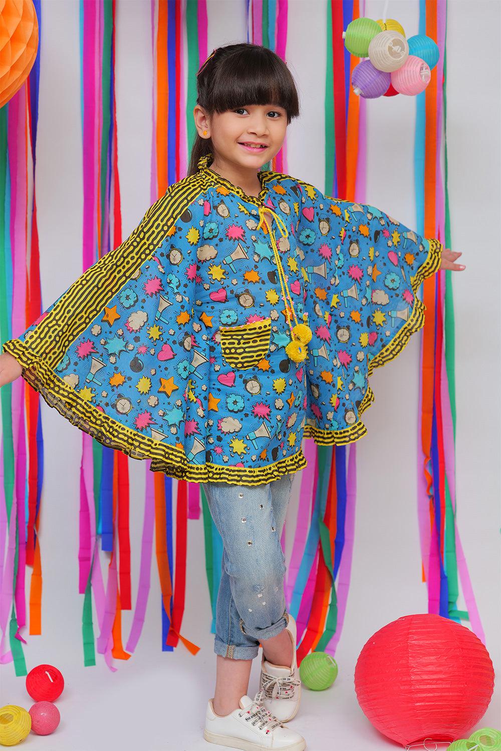 Blue & Multicolour Casual Kurta - Senorita Kids