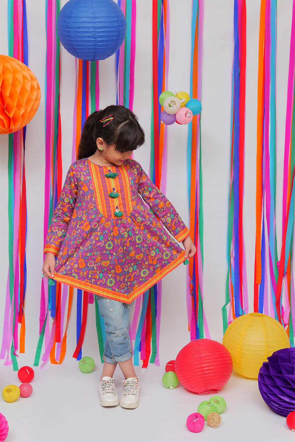 Purple & Multicolour Casual Kurta - Senorita Kids