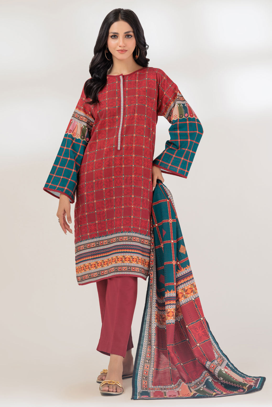 Khaddar Red 3 Piece Suit - Bonanza