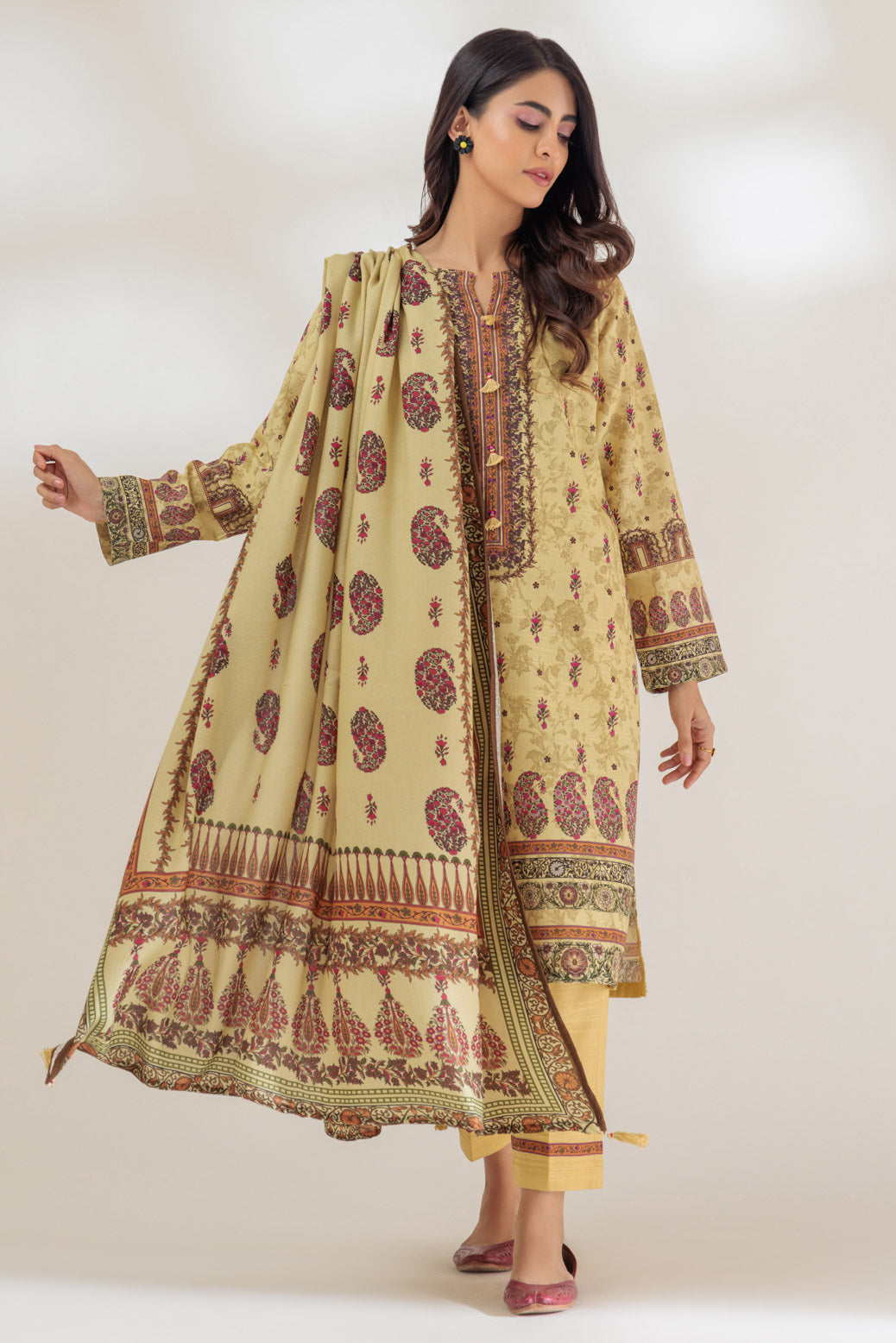 Khaddar Beige 3 Piece Suit - Bonanza