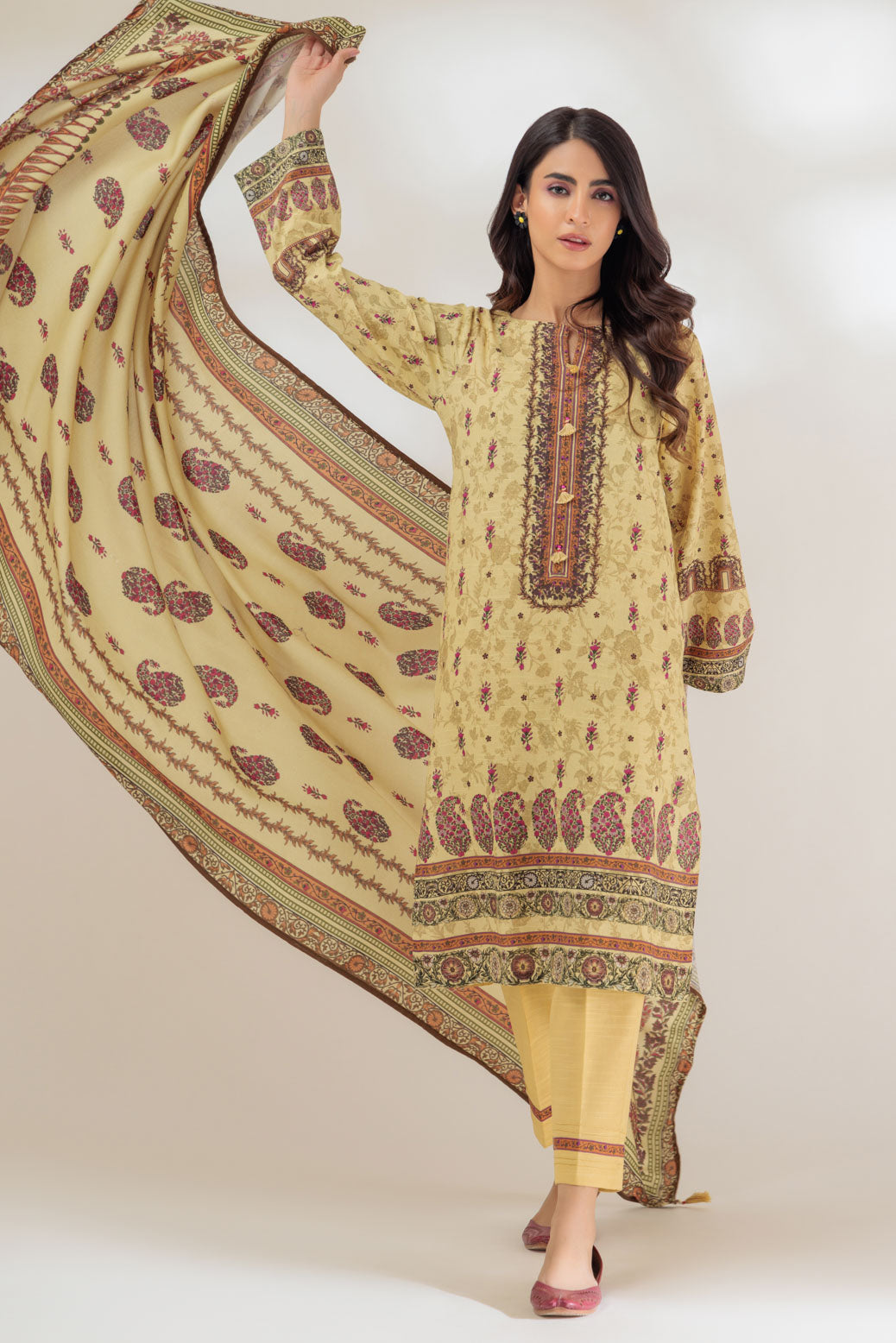 Khaddar Beige 3 Piece Suit - Bonanza