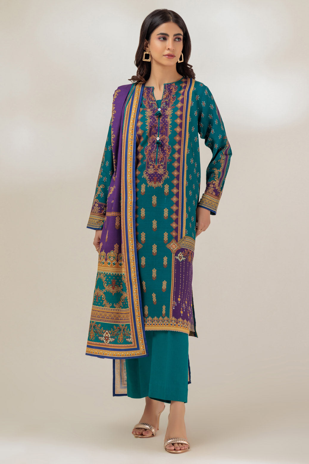 Khaddar Teal 3 Piece Suit - Bonanza