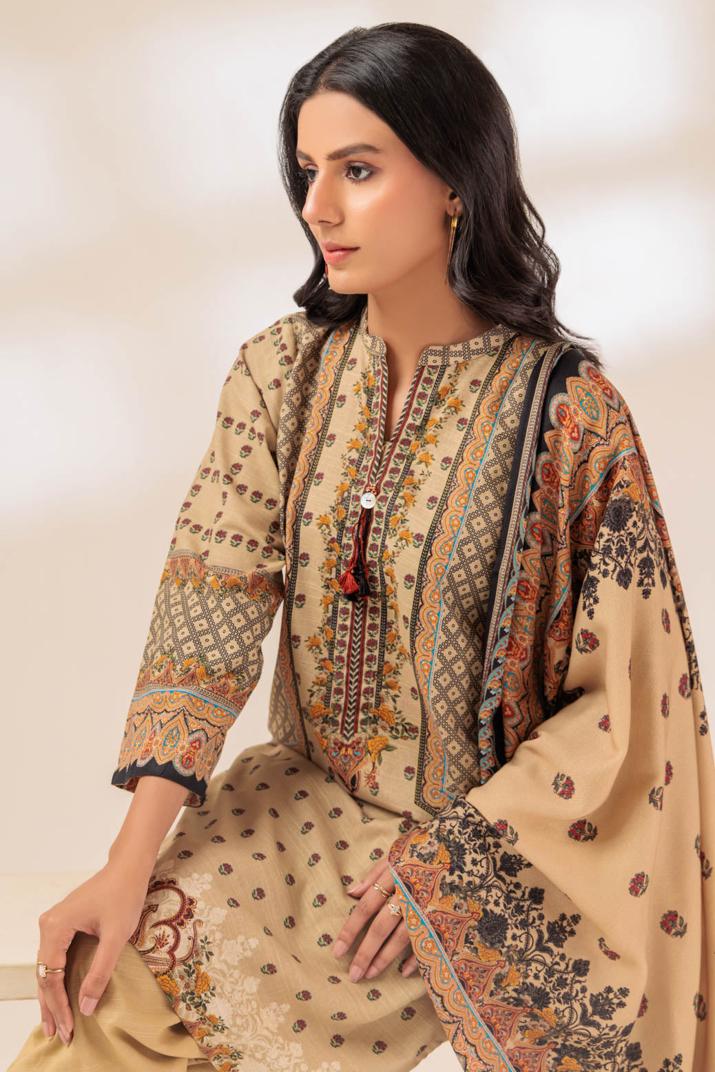 Khaddar Beige 3 Piece Suit - Bonanza