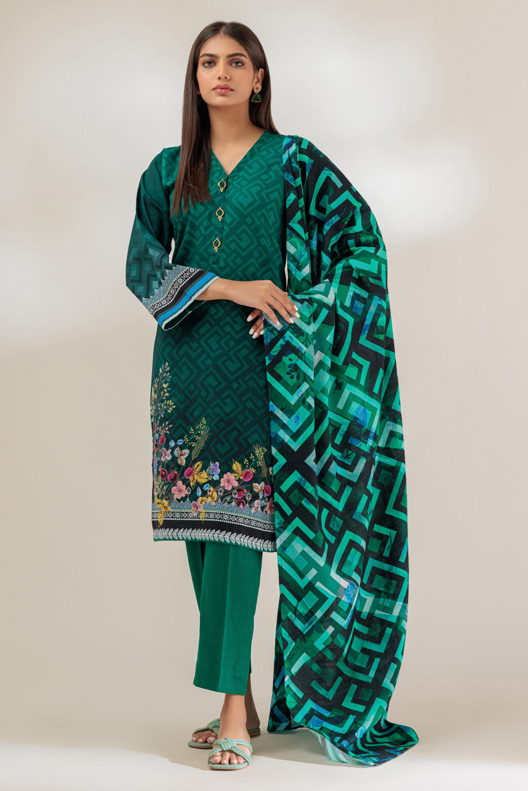 Khaddar Green 3 Piece Suit - Bonanza