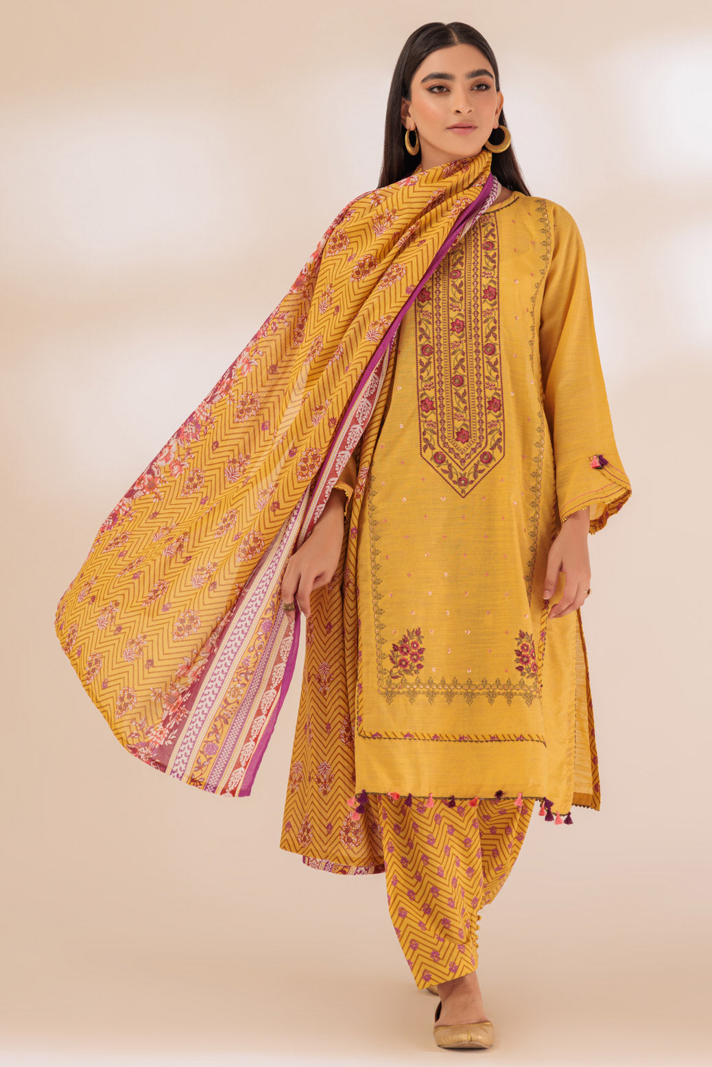 Lawn Embroidered Mustard 3 Piece Suit - Bonanza