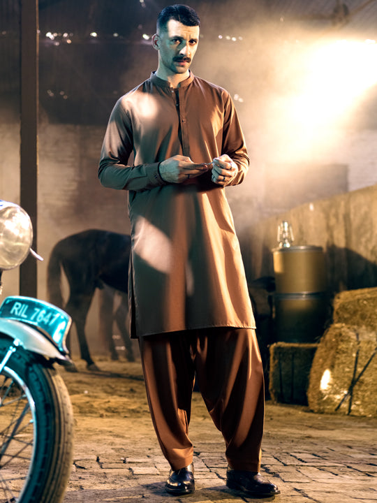 Polyester Viscose Brown Men Kameez Shalwar  -  Almirah