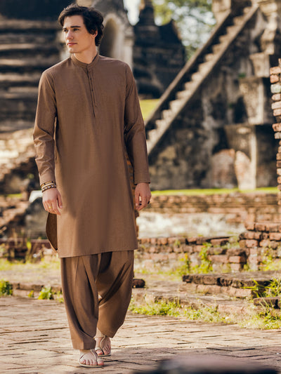 Polyester Viscose Brown Kameez Shalwar - Almirah