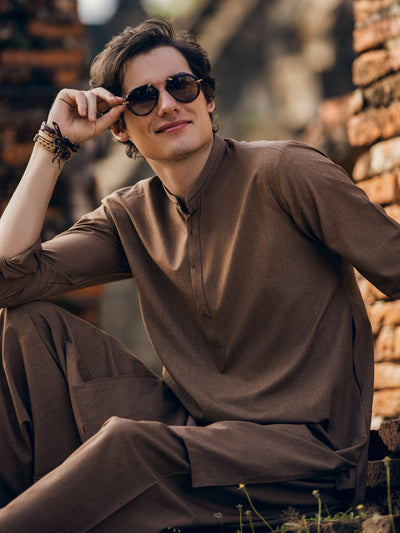 Polyester Viscose Brown Kameez Shalwar - Almirah