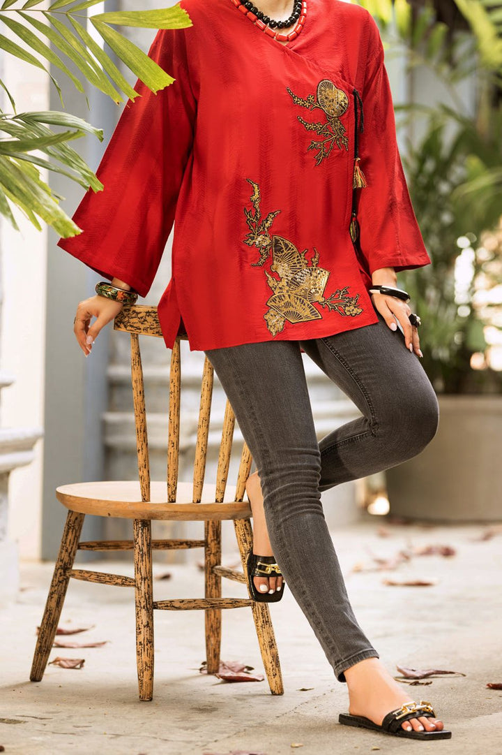 Jacquard Red Kurti - Almirah
