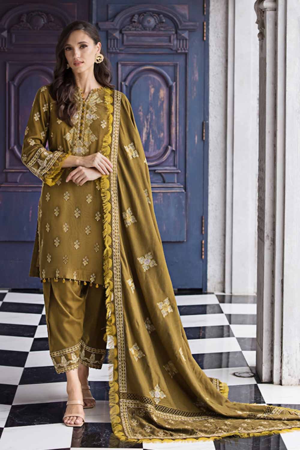 Embroidered Pashmina Mehndi 3 Piece Suit - Gul Ahmed