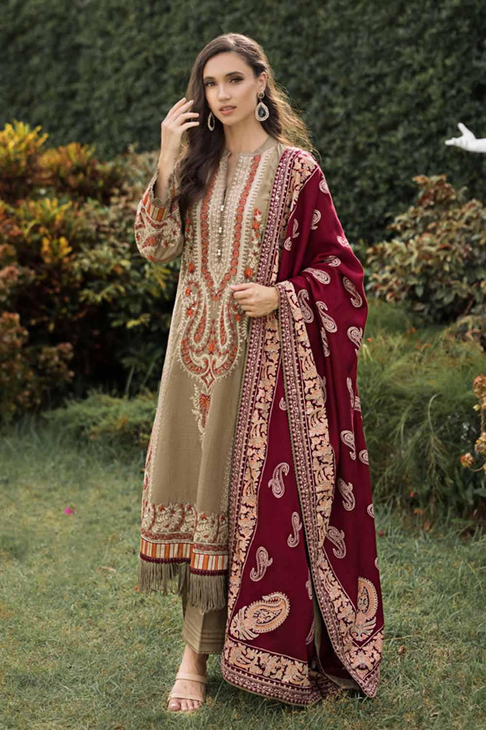 Embroidered Khaddar Gold & Red 3 Piece Suit - Gul Ahmed