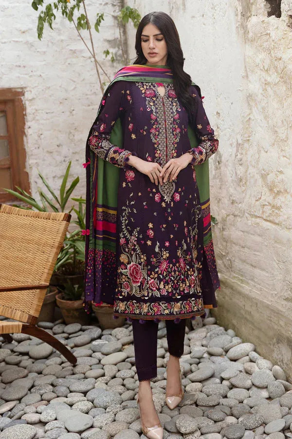 Embroidered Fine Slub Purple 3 Piece Suit - Jazmin Iris
