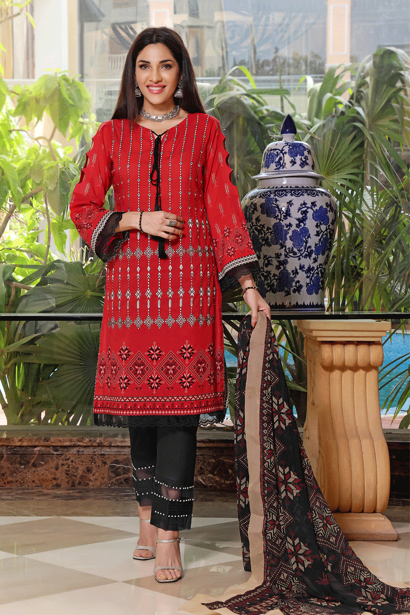 Red 3 Piece Lawn Suit - Khas