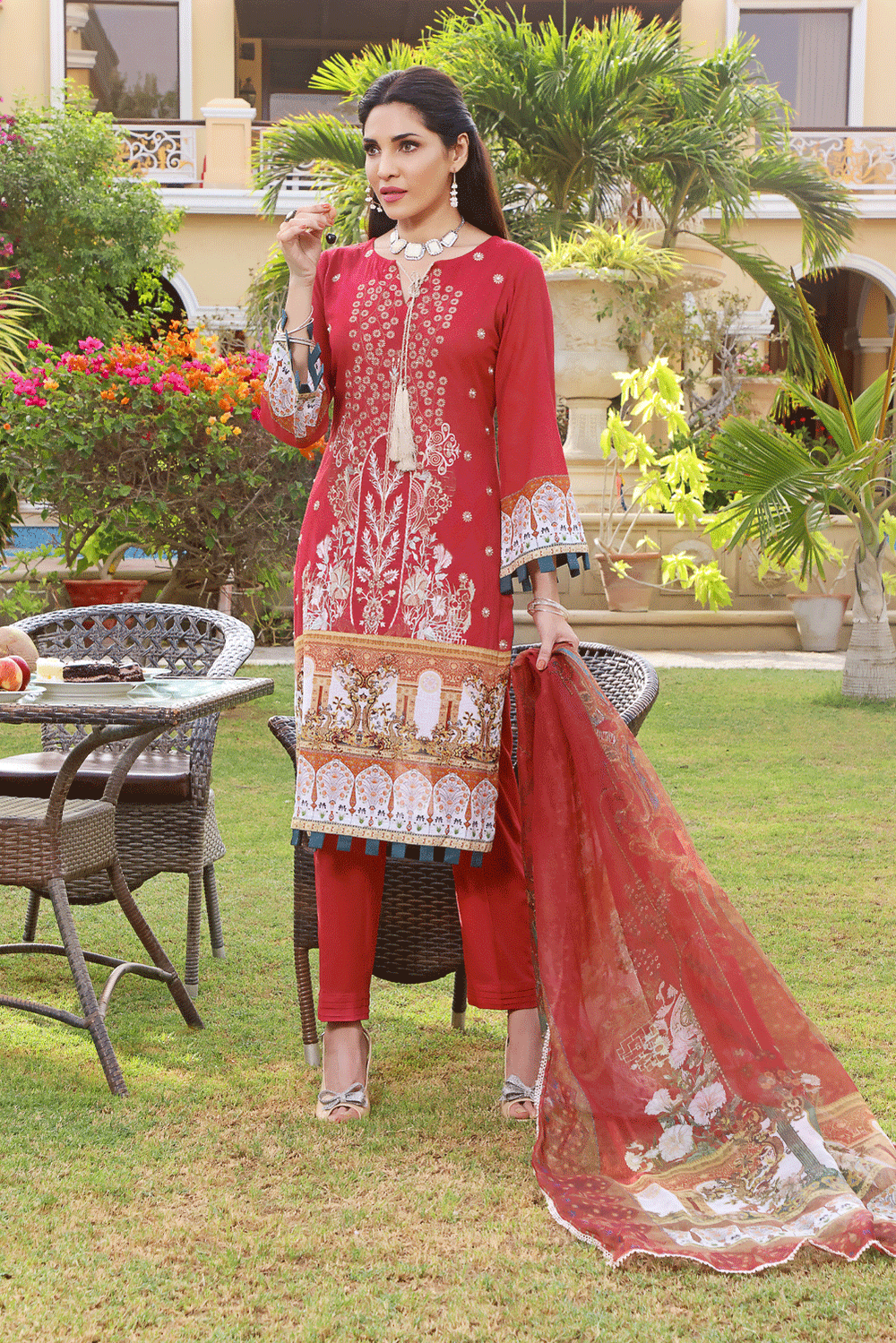 Red 3 Piece Lawn Suit - Khas