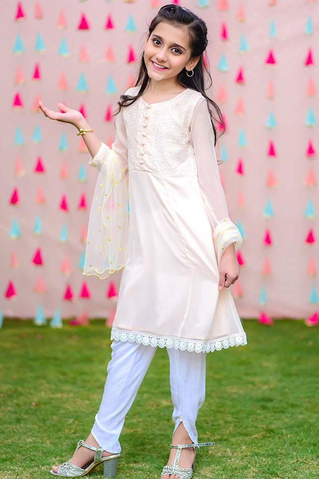 Beige Cotton Kids Girls 3 Piece Suit - Ochre