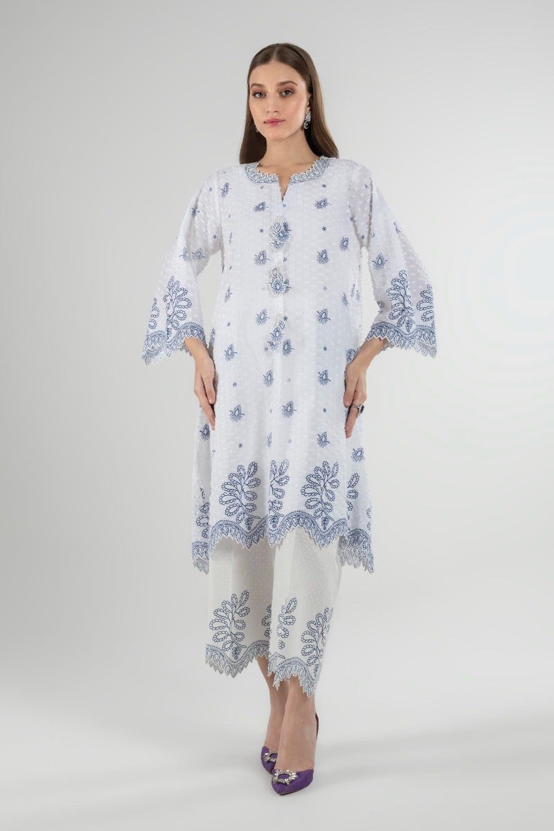 Cotton Brochia White 2 Piece Suit - Sana Safinaz