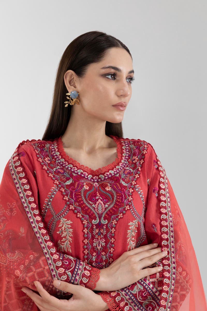Yarn Dyed Cotton Khaddar Red 3 Piece Suit - Sana Safinaz