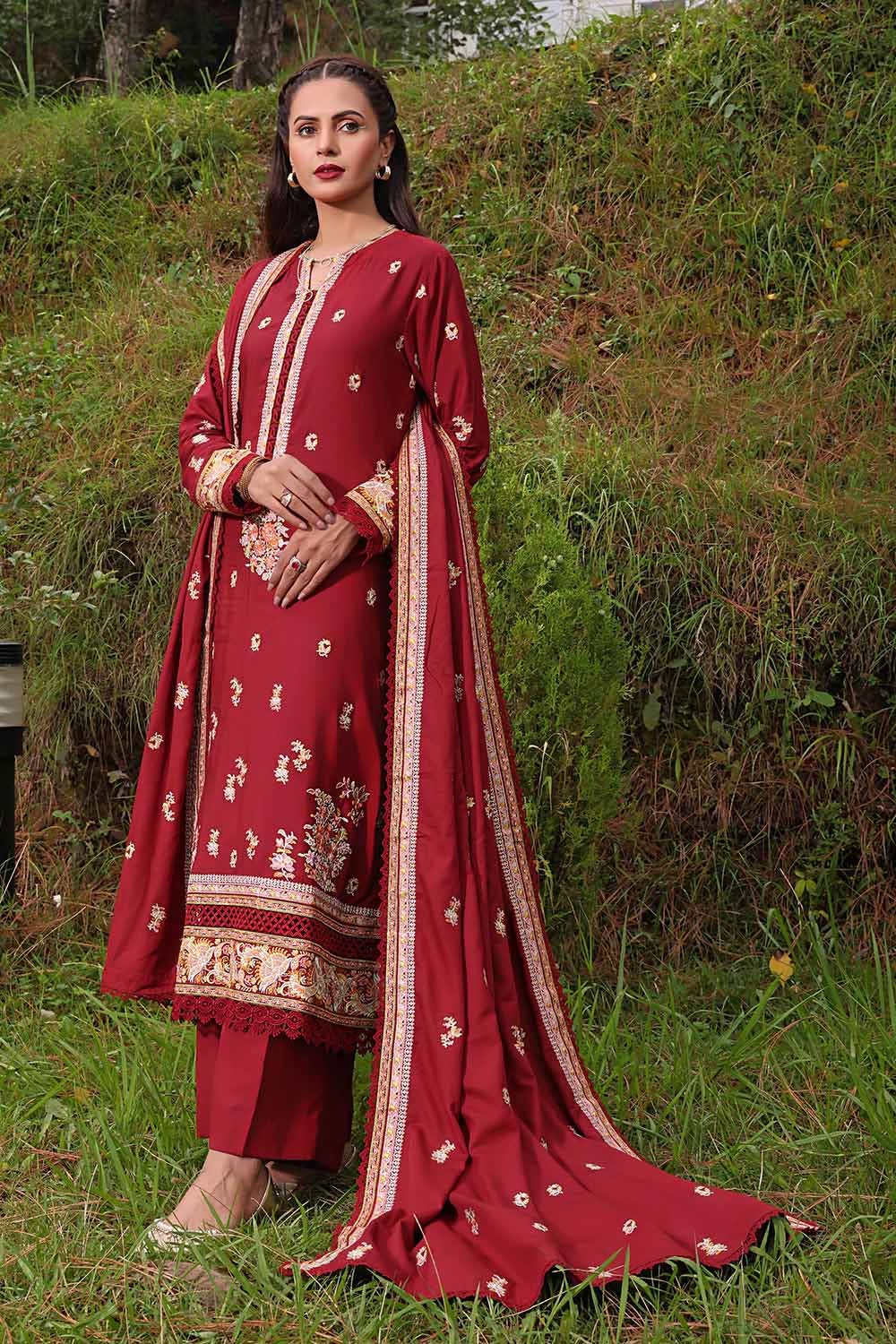 Red Embroidered Linen 3 Piece Unstitched Suit - Gul Ahmed